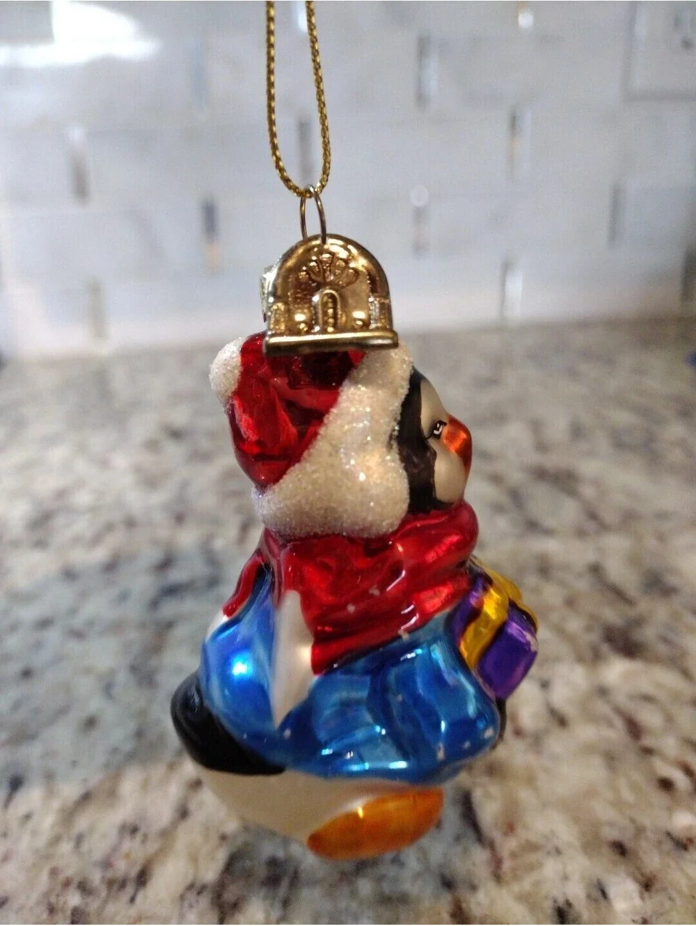 Vintage Penguin with Gift blown glass Christmas Ornament, 3